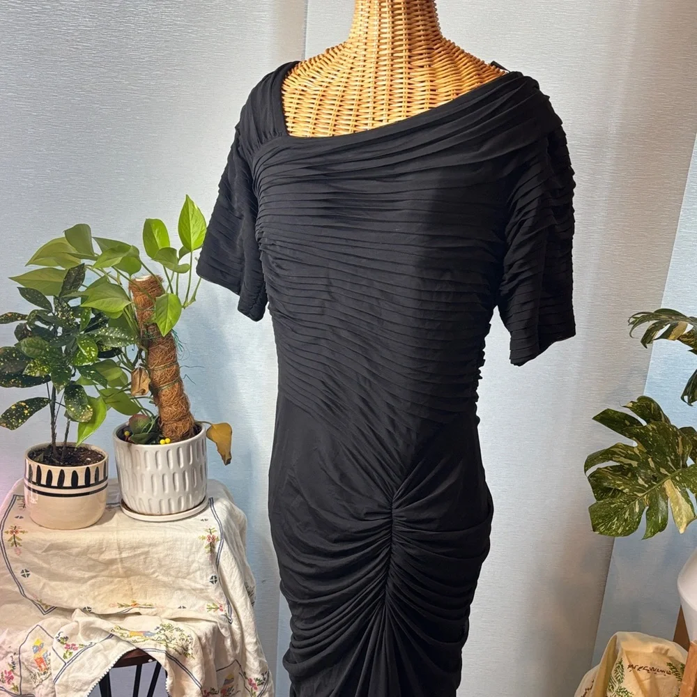 Tadashi Shoji Elegant Black Long Sleeve Gown draped mesh stretch dress - Picture 2 of 8